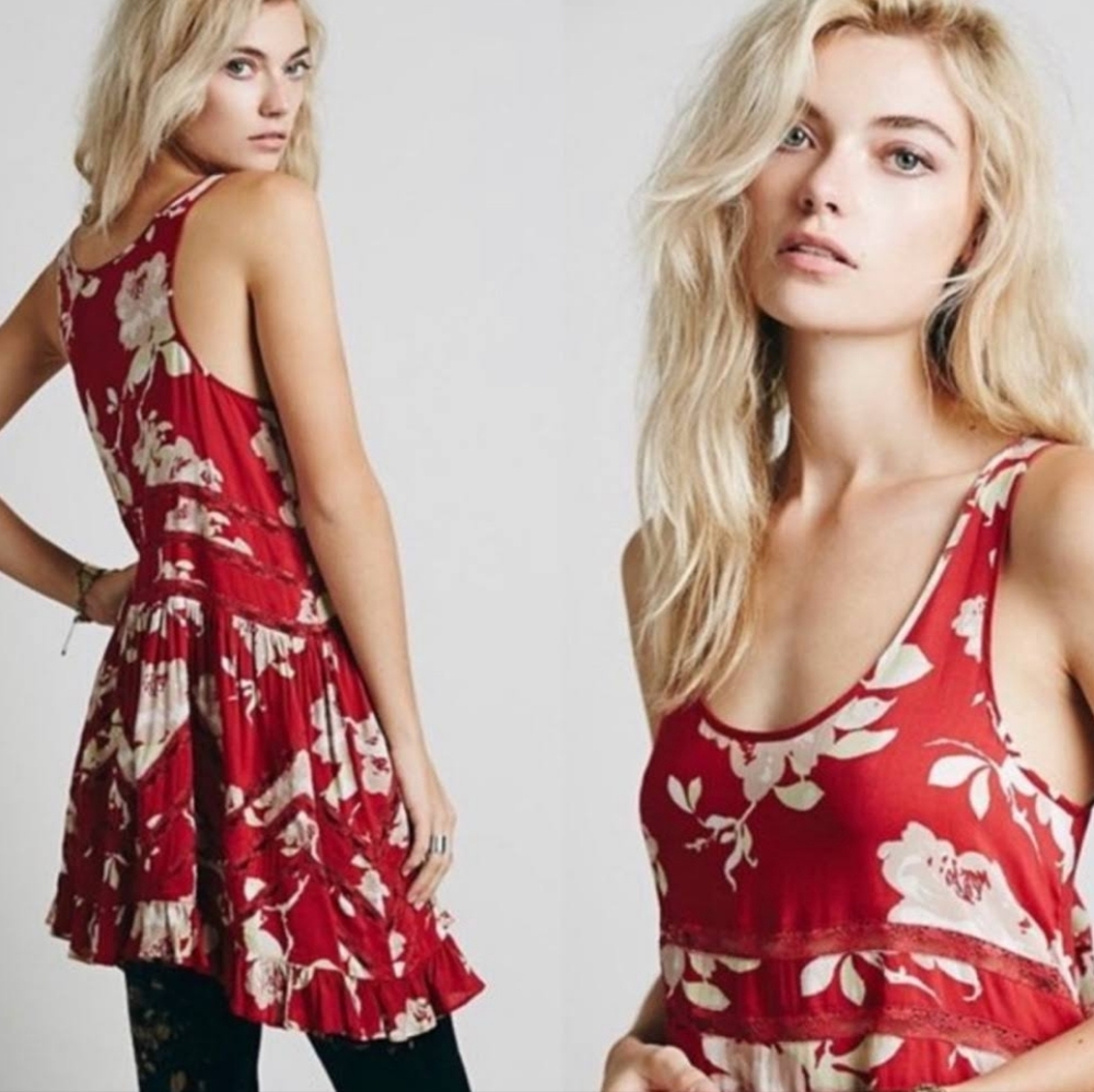 Free People Lace and Voile Slip Dress Red Floral